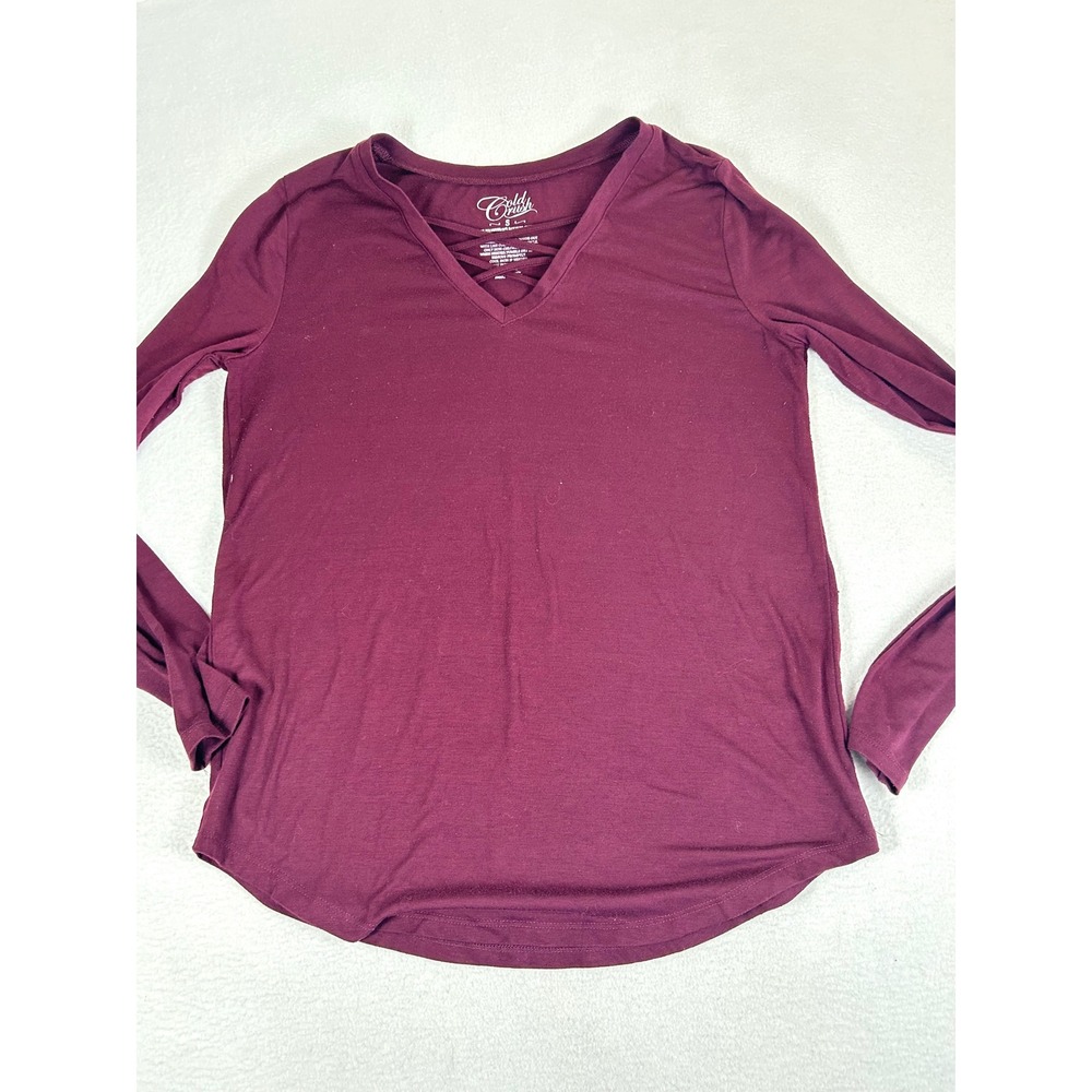 Cold Crush V-Neck Top Women Small Burgundy Lattice Strappy Long Sleeve Basic